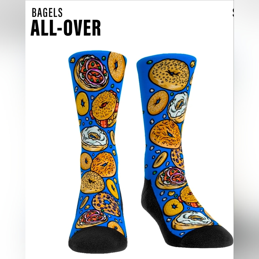 NEW Rock Em Bagel All Over Socks sz S/M Adult Shoe 6-8.5 Foodie Made in USA